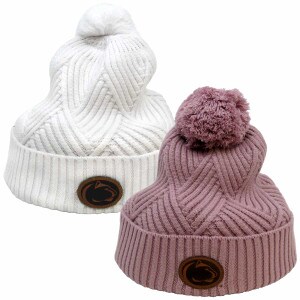 white and pink knit beanies with poms and leather Penn State Athletic Logo patches